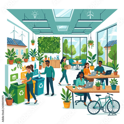 Sustainable office environment with people working and recycling, promoting eco-friendly practices and a green workplace