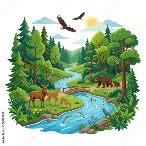 Lush forest ecosystem featuring diverse wildlife a flowing river and mountain scenery