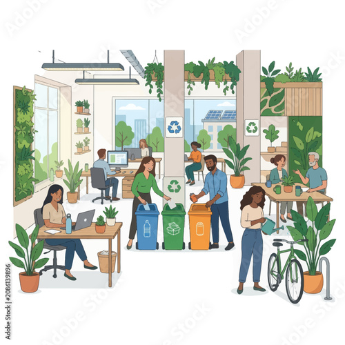 Green office sustainability initiative with recycling bins and indoor plants promoting eco-friendly work environment