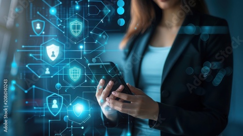 Businesswoman utilizes a mobile phone to manage high-level encryption systems displayed through vibrant blue holographic projections in a dark, high-tech corporate office setting.