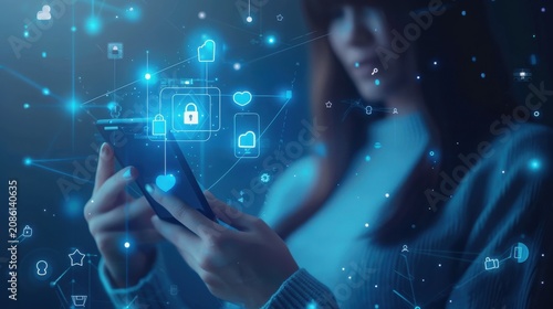 Woman holding a smartphone accesses secure data streams represented by luminous floating lock symbols and network nodes that cast a soft blue ambient glow upon her face and textured clothing.