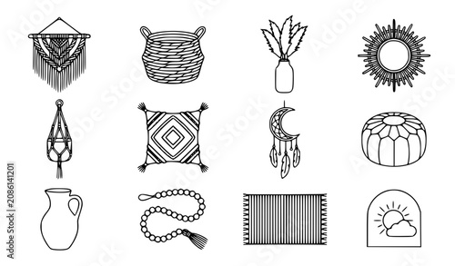 Obraz na płótnie Boho decor elements vector icon set with simple bold line art classic complete m