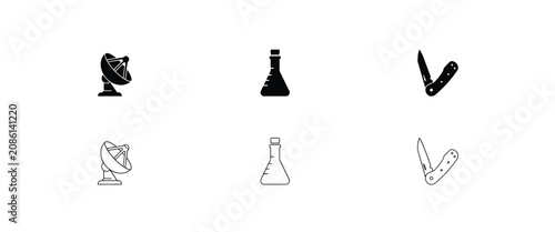 Of a satellite dish, a laboratory flask, and a folding pocket knife on a white background