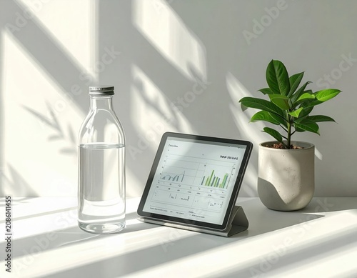 Digital tablet with financial charts, glass water bottle, and potted plant, workspace productivity, data analysis, business growth