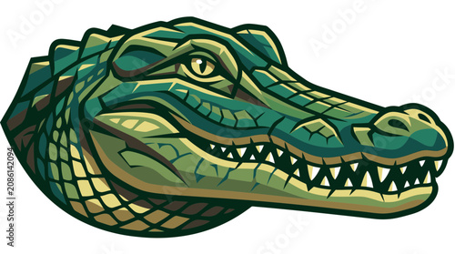 A cartoon crocodile head with sharp teeth and scaly skin faces right.