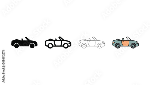 Collection of four distinct convertible car icons showcasing different styles including solid fill outline sketch and colored flat design