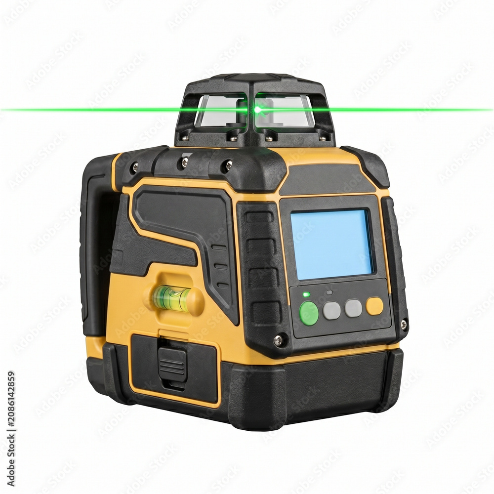 Fototapeta premium Laser level tool with display and green beam isolated on white 
