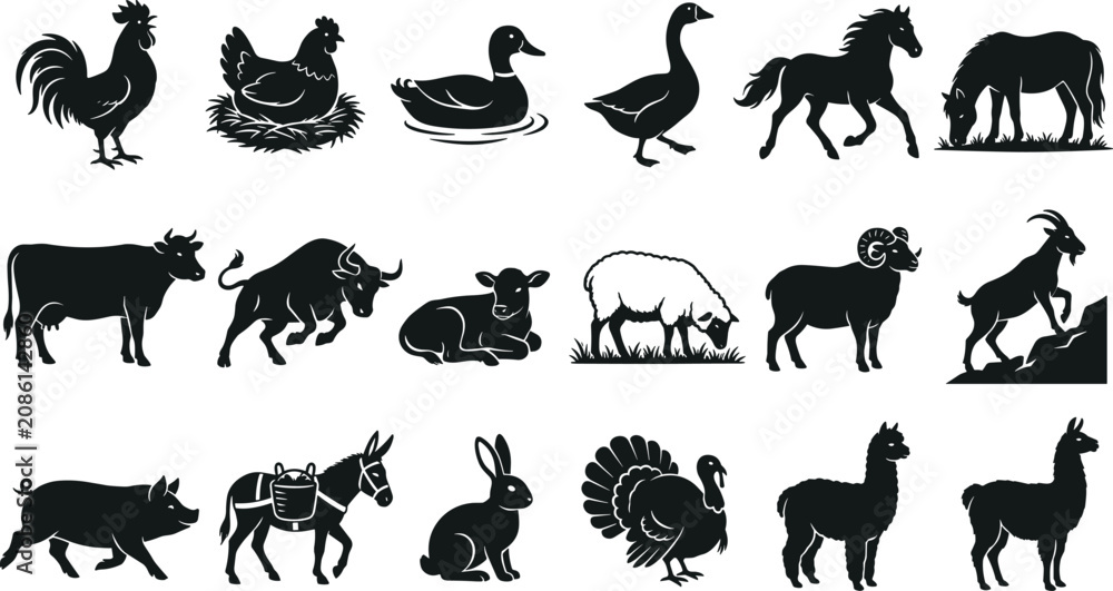 Fototapeta premium Collection of eighteen farm animal silhouette vector icons featuring livestock and poultry isolated on white background image_3b89fd.png