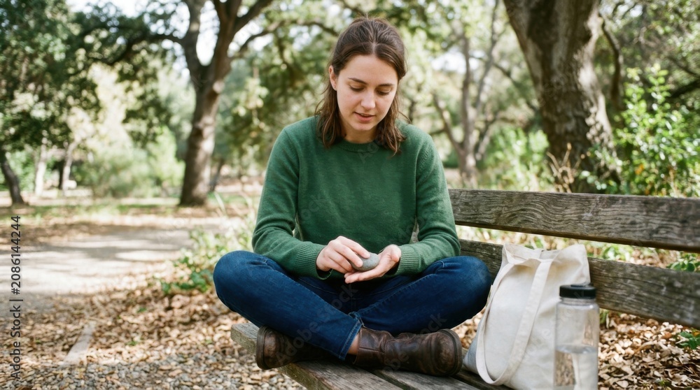 Obraz premium Woman Sitting on Park Bench Using Smartphone Amid Green Nature in Daylight