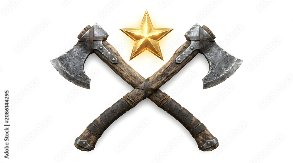 Fototapeta premium Two crossed axes with a golden star on white background