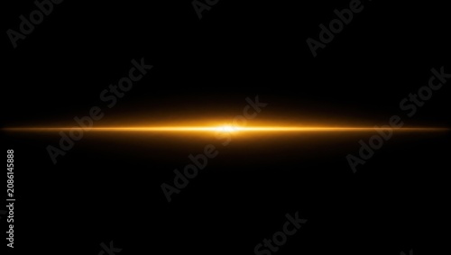 Abstract golden orange horizontal light streak lens flare effect on a black background with horizontal