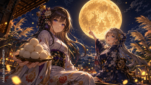 Anime illustration of Japanese girls celebrating Tsukimi festival with dango and a large full moon with rabbit silhouettes,お月見を楽しむ少女たちと団子、満月とウサギのシルエットの日本風アニメイラスト