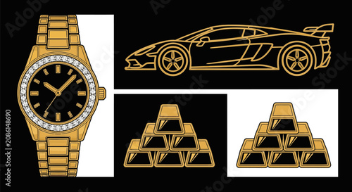 Gold watch and car with gold bars on black background illustration
