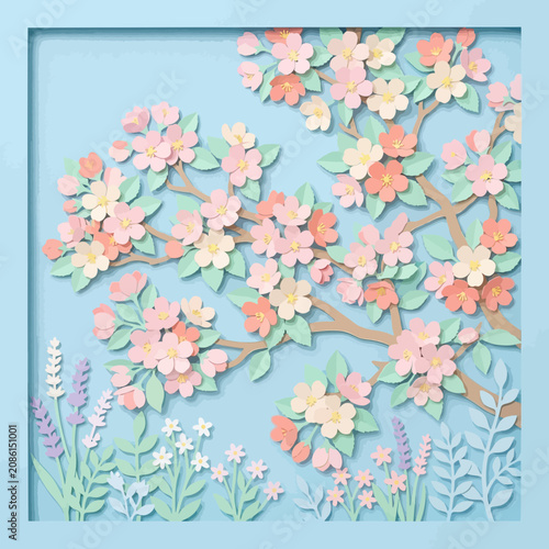 Paper art cherry blossom branch with flowers and lavender on blue background