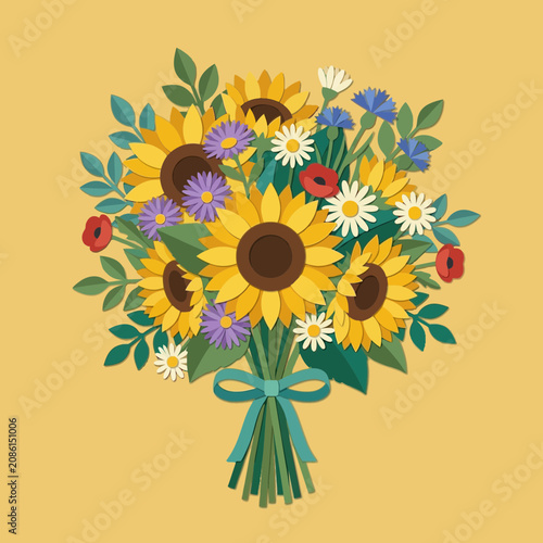 Paper Cut Sunflowers and Wildflowers Bouquet with Teal Ribbon