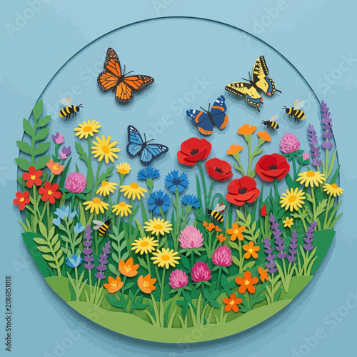Paper Cutout Circle Garden with Butterflies and Bees