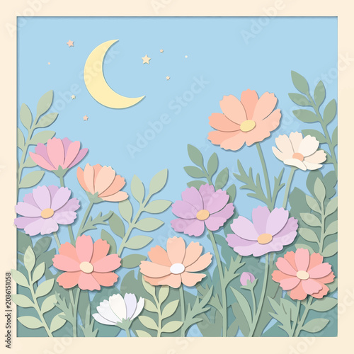 Paper Cutout Garden Scene with Crescent Moon and Stars