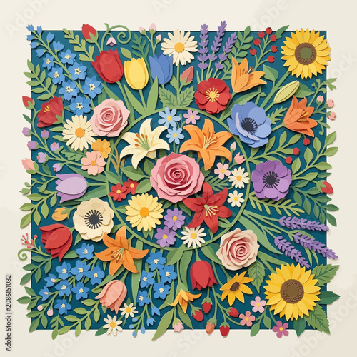 Papercraft floral mandala, colorful flowers, natural pattern, flat lay