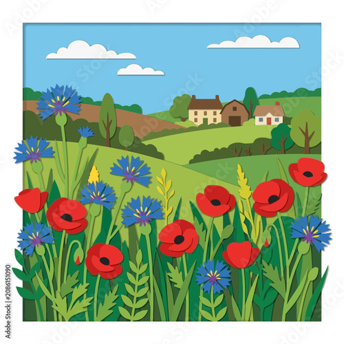 Papercut rural landscape with wildflowers, poppies, cornflowers, farmhouses, and clouds.