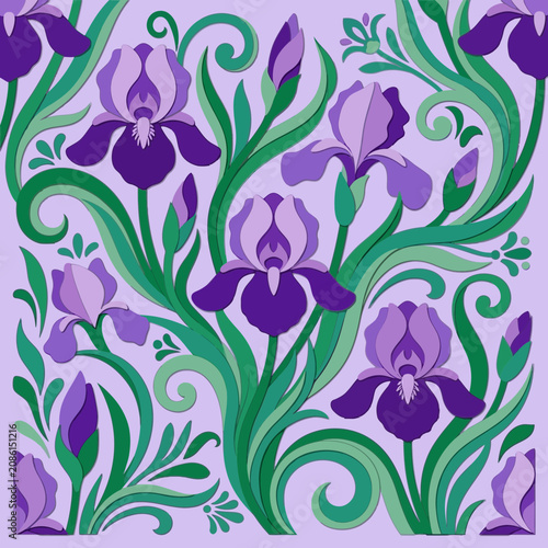 Purple Iris Floral Pattern Seamless Background