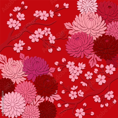 Red background with pink and red chrysanthemum and cherry blossom branches