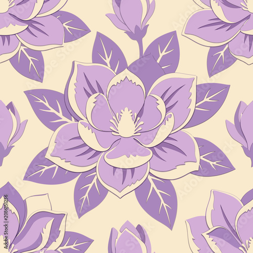 Seamless pattern of stylized purple magnolia flowers and leaves on a cream background.