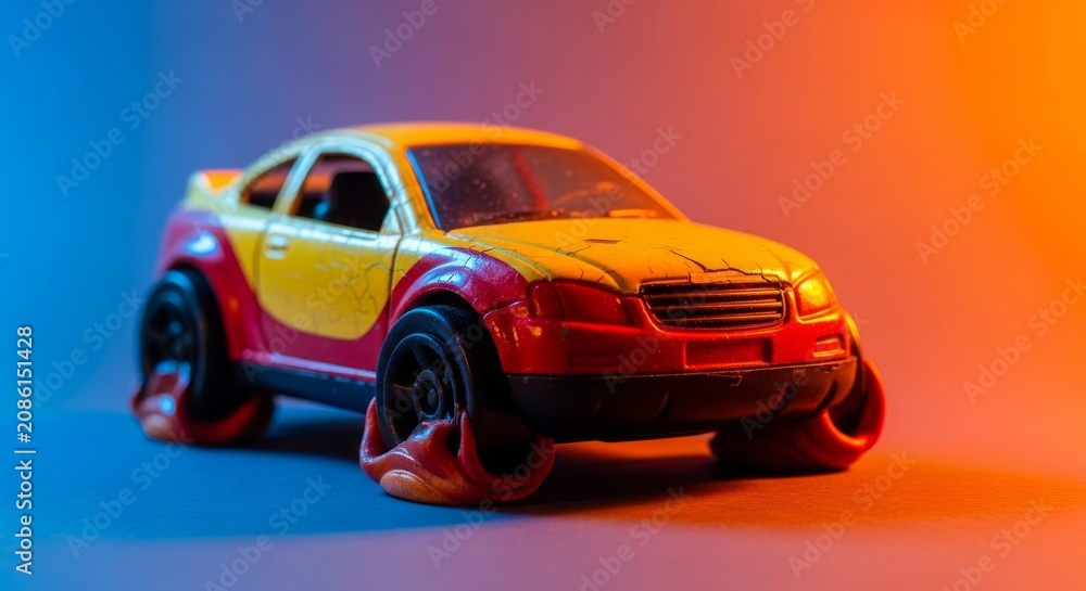 Fototapeta premium Close-up view of a miniature plastic vehicle with deformed wheels showing signs of melting and softening due to heat exposure and aging, degradation, automotive, exposure