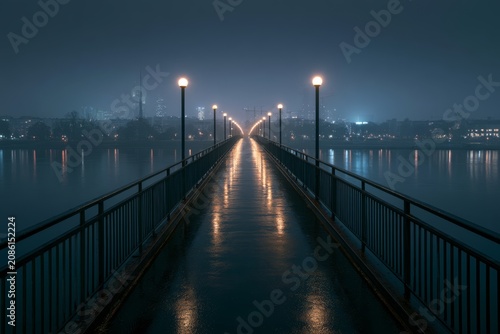 Rainy bridge walkway beside river and city