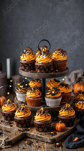Halloween cupcakes with orange frosting and spider decorations on a tiered stand
