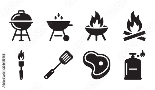 Schilderij op canvas Barbecue grill and fire icons for outdoor cooking and camping adventure