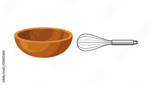 Wooden Mixing Bowl and Metal Whisk Illustration