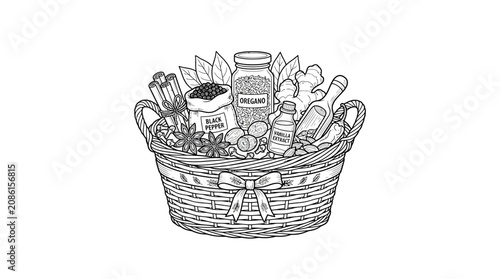 Wicker Basket Filled with Assorted Spices and Herbs Illustration