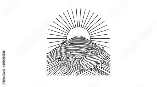 Line Art Illustration of Terraced Rice Fields and Sun