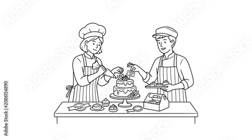Professional Bakers Decorating Cake in Bakery Kitchen