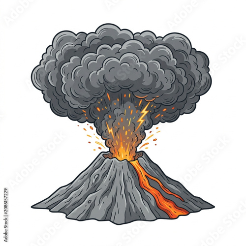Vászonkép Illustrated Volcano Erupting with Lava and Ash Cloud.