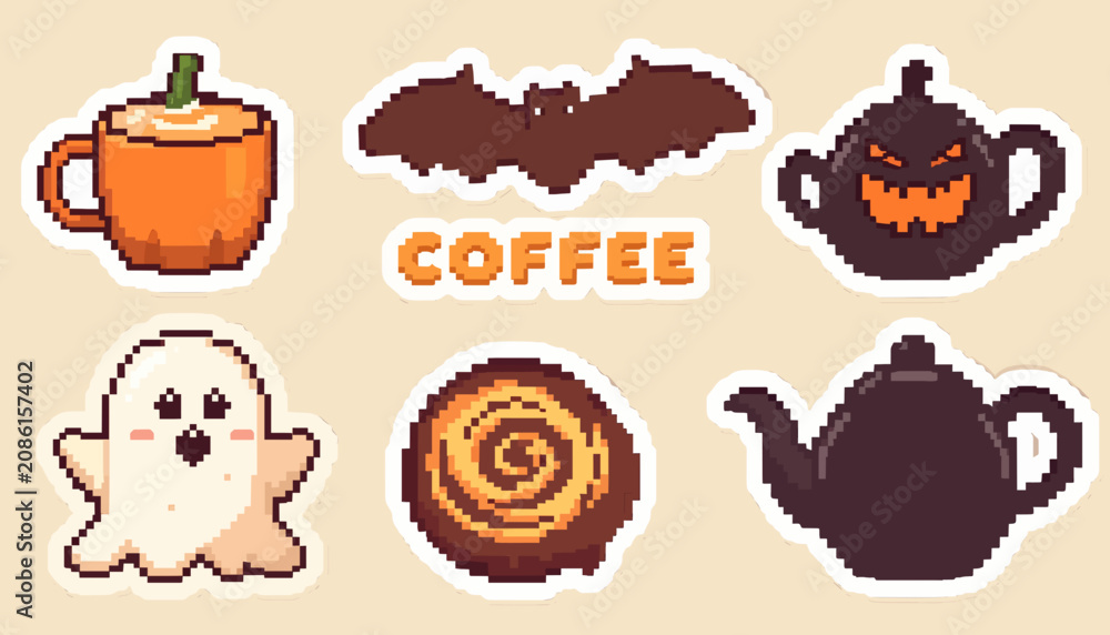 Fototapeta premium Pixel Art Halloween Coffee Vector Sticker Pack with Pumpkin Latte