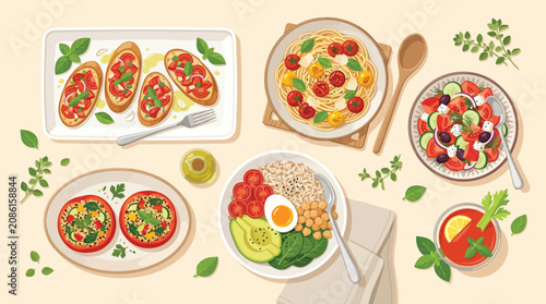 Tableau sur toile A vibrant overhead view showcases a delightful spread of healthy and fresh Mediterranean-inspired dishes, perfect for a light meal or appetizer
