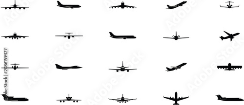 Quadro su tela Airplane silhouette icon set featuring commercial jet airliners military cargo p