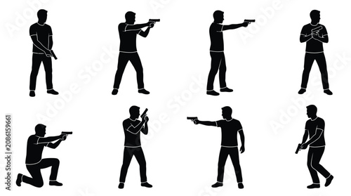 Black silhouette collection of male figures holding handguns in various tactical shooting stances and poses