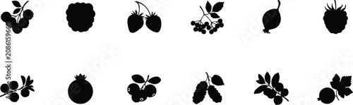Fotografie Berry silhouette vector icon set featuring strawberry blackberry raspberry curra