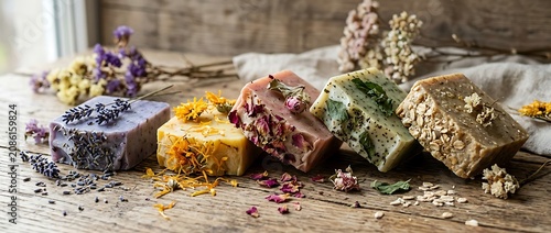 Assorted Artisan Handmade Soap Bars with Natural Ingredients on Rustic Wood