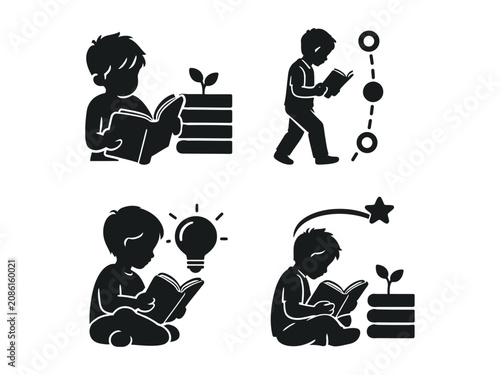 Set of black vector icons depicting children reading books and gaining knowledge, symbolizing education and learning growth