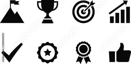 Business success and achievement icon set featuring trophy target growth chart medal ribbon checkmark thumbs up and mountain peak with flag symbols