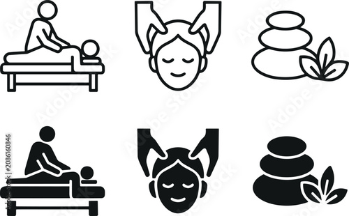 Konstfotografi Spa and massage vector icons set featuring body treatment head massage hot stone