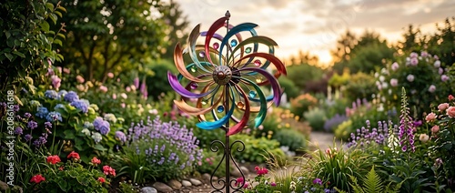 Colorful Kinetic Wind Spinner in a Lush Summer Garden at Sunset