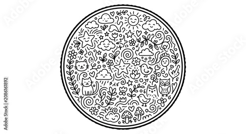 Whimsical doodle circle with cute animals, nature elements, and a sun.