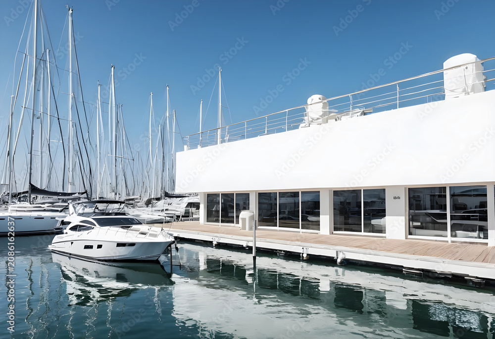 Fototapeta premium Modern yacht docked at marina with white building
