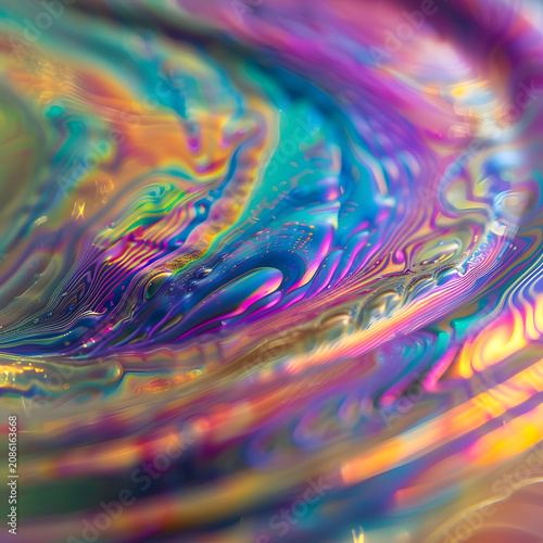 Iridescent soap bubble film surface macro colorful swirl horizontal reflection