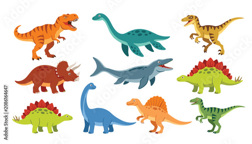 Fényképezés Cute cartoon dinosaur and prehistoric creature vector illustration collection