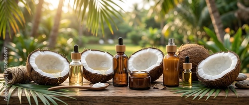 Natural Coconut Oil Skincare Products on Wooden Table with Tropical Background